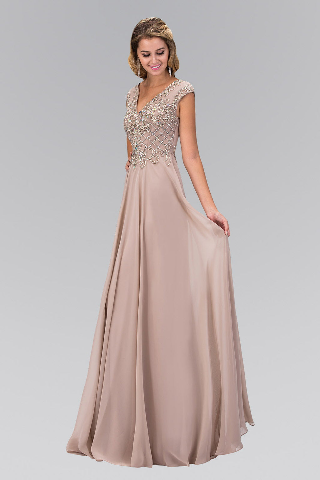 V-Neck Chiffon Floor Length Dress with Jewel Embellished Bodice-3